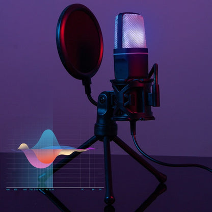 desktop USB microphone with pop filter on tripod stand under purple lighting for clear voice recording