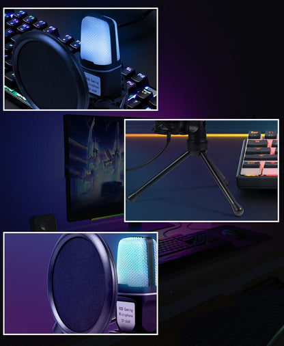 RGB gaming microphone SF-666R with pop filter, adjustable tripod stand, and mechanical keyboard on desk