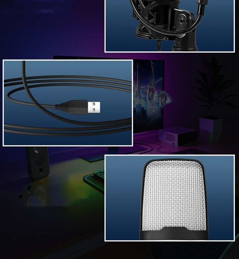 Close-up of desktop USB conference microphone with metal mesh head, support mount, and long USB cable on dark desk setup