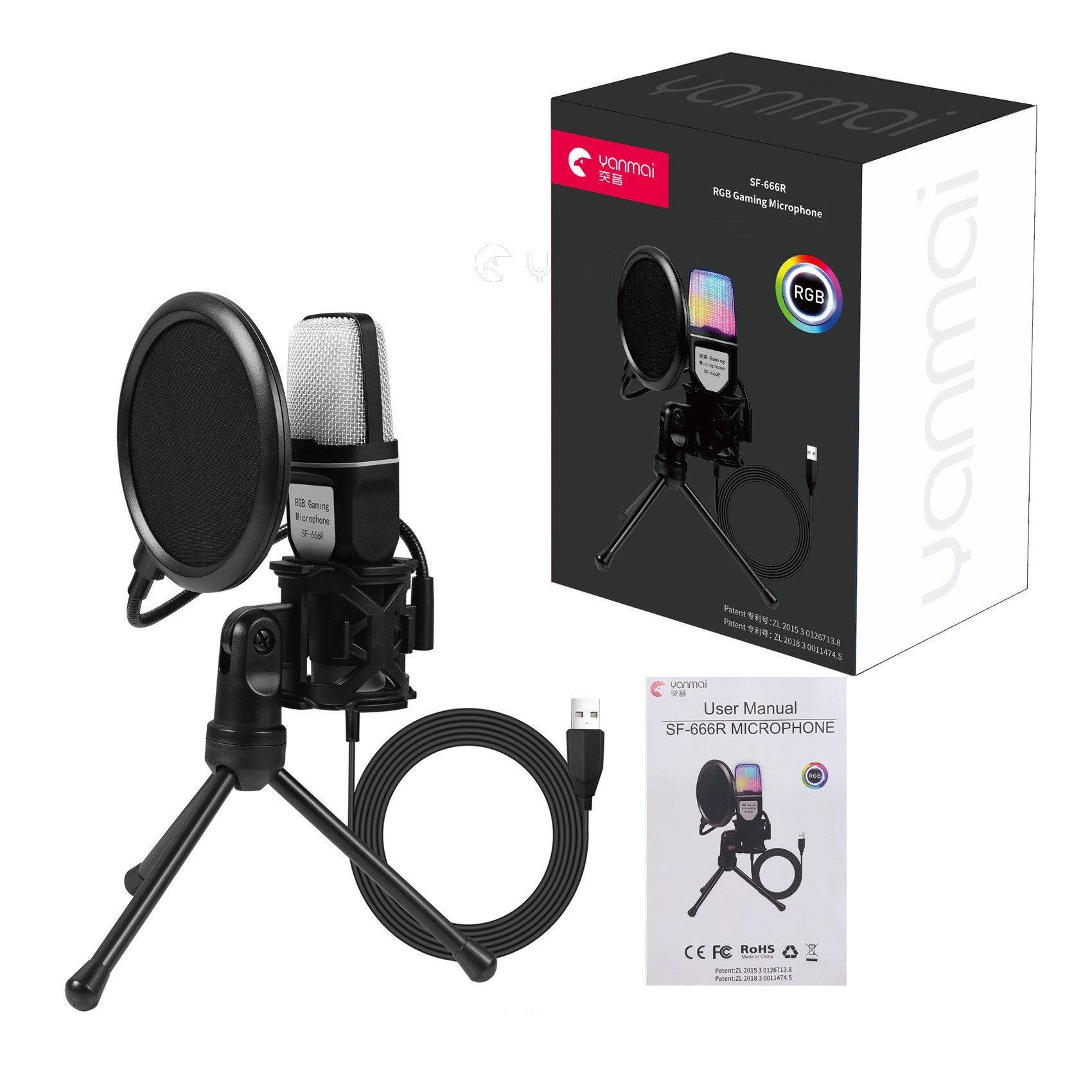 Yanmai SF-666R RGB gaming microphone with tripod stand, pop filter, USB cable, and user manual