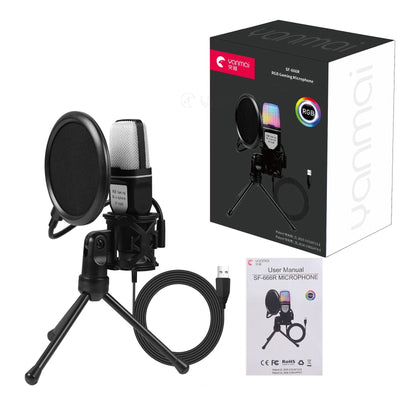 Yanmai SF-666R RGB gaming microphone with tripod stand, pop filter, USB cable, and user manual