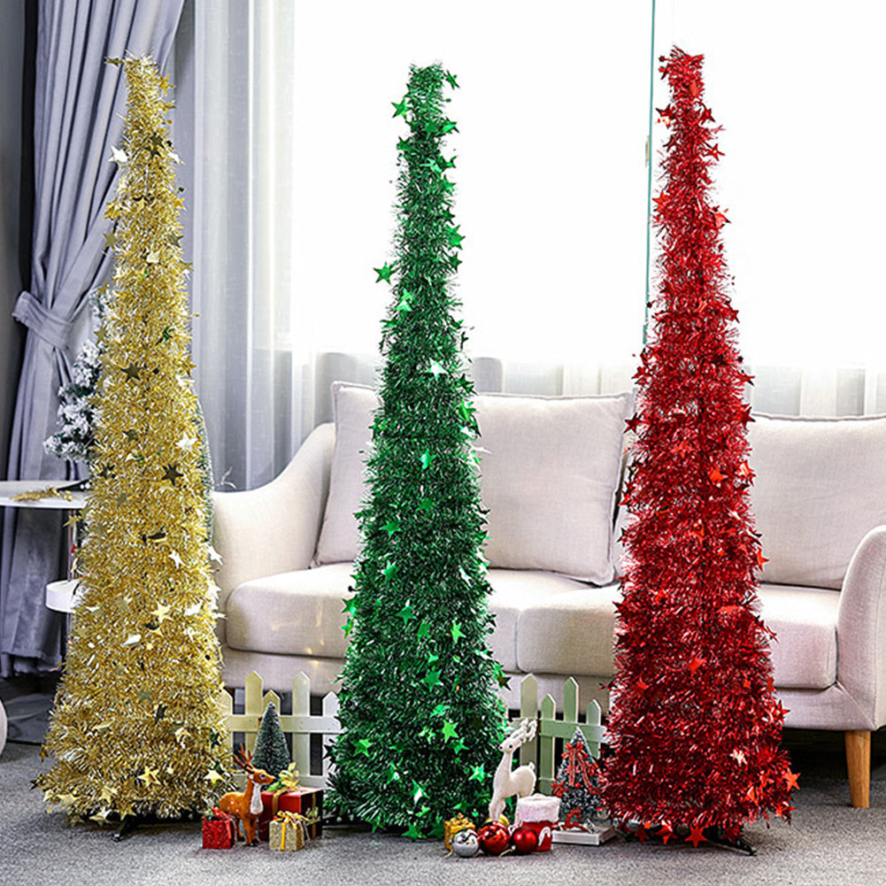 Gold, green, and red sequin folding Christmas trees with star decorations in living room setting