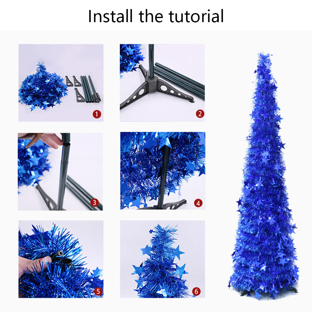 Collapsible 1.2m silver sequin Christmas tree with star decorations and assembly steps