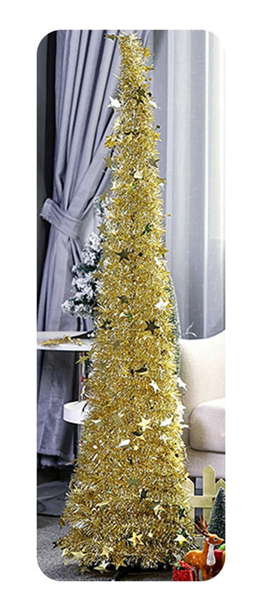 Tall gold sequin folding Christmas tree decorated with stars in bright living room setting