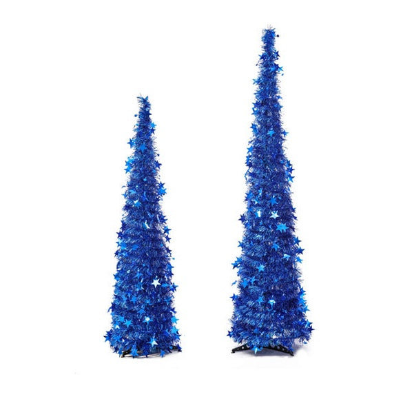 Two tall slender blue Christmas trees decorated with blue star ornaments on white background