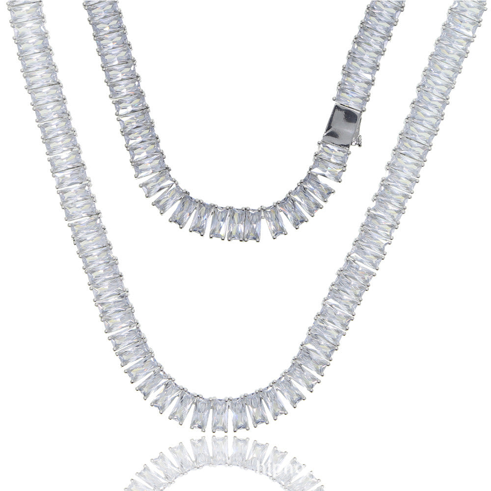Silver 41cm hip hop chain necklace with rectangular clear zirconia stones and durable metal clasp