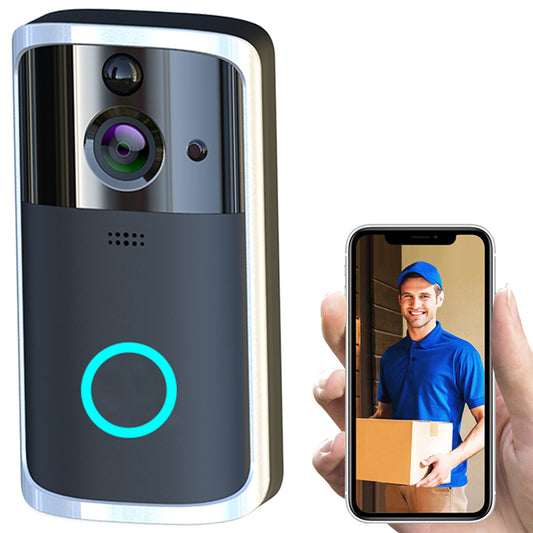WiFi video doorbell with HD night vision shows delivery man on smartphone screen
