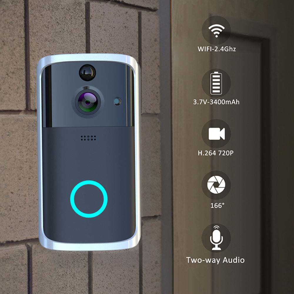 Silver WiFi video doorbell with HD camera, night vision, two-way audio, and 166° wide angle