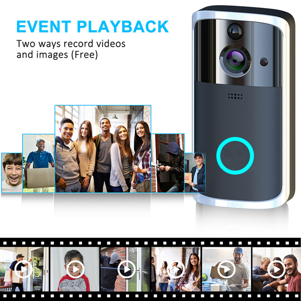 Silver wireless video doorbell with HD night vision and event playback photos and video thumbnails