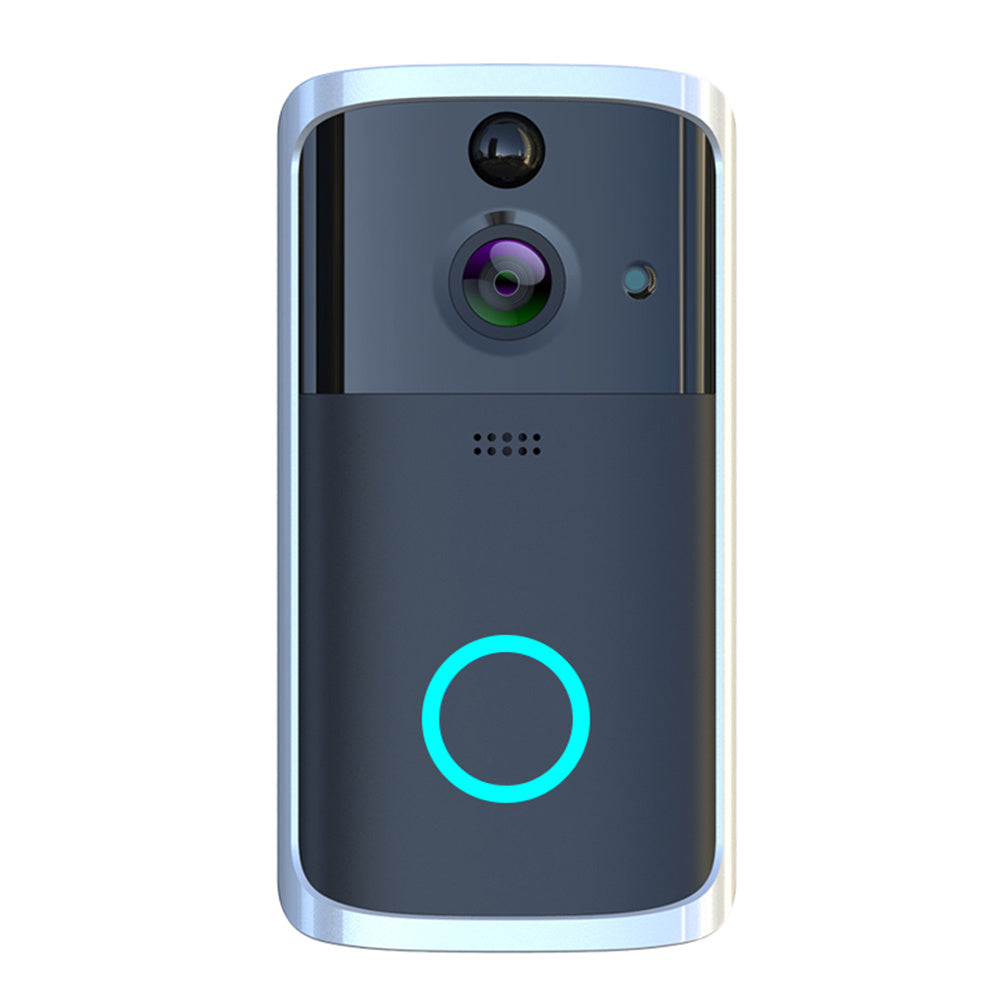 Silver and black wireless video doorbell with camera lens and glowing blue ring button