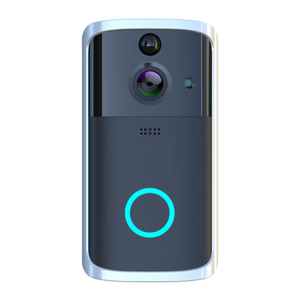 Silver and black wireless video doorbell with camera lens and glowing blue ring button