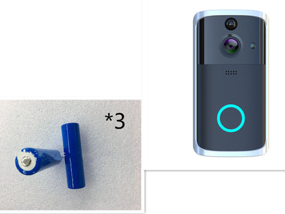 Silver and black wireless video doorbell with HD night vision and three blue batteries