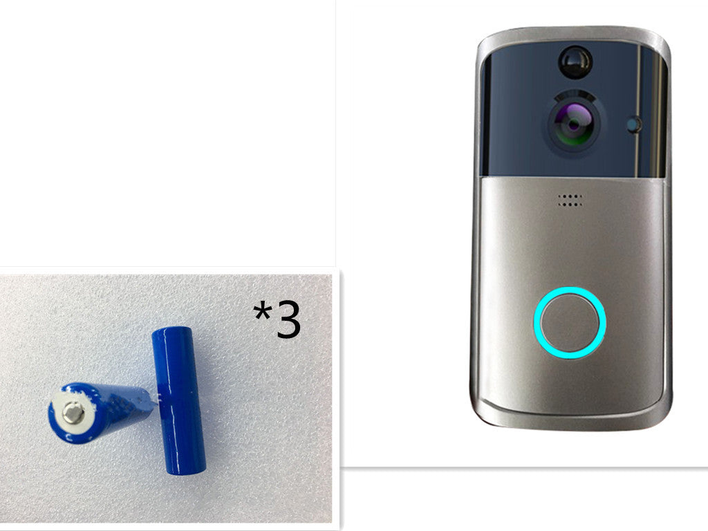 Silver wireless video doorbell with HD night vision and glowing blue button, accompanied by three blue batteries