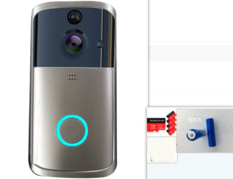 Silver wireless video doorbell with HD camera, night vision, blue illuminated button, three batteries and accessories