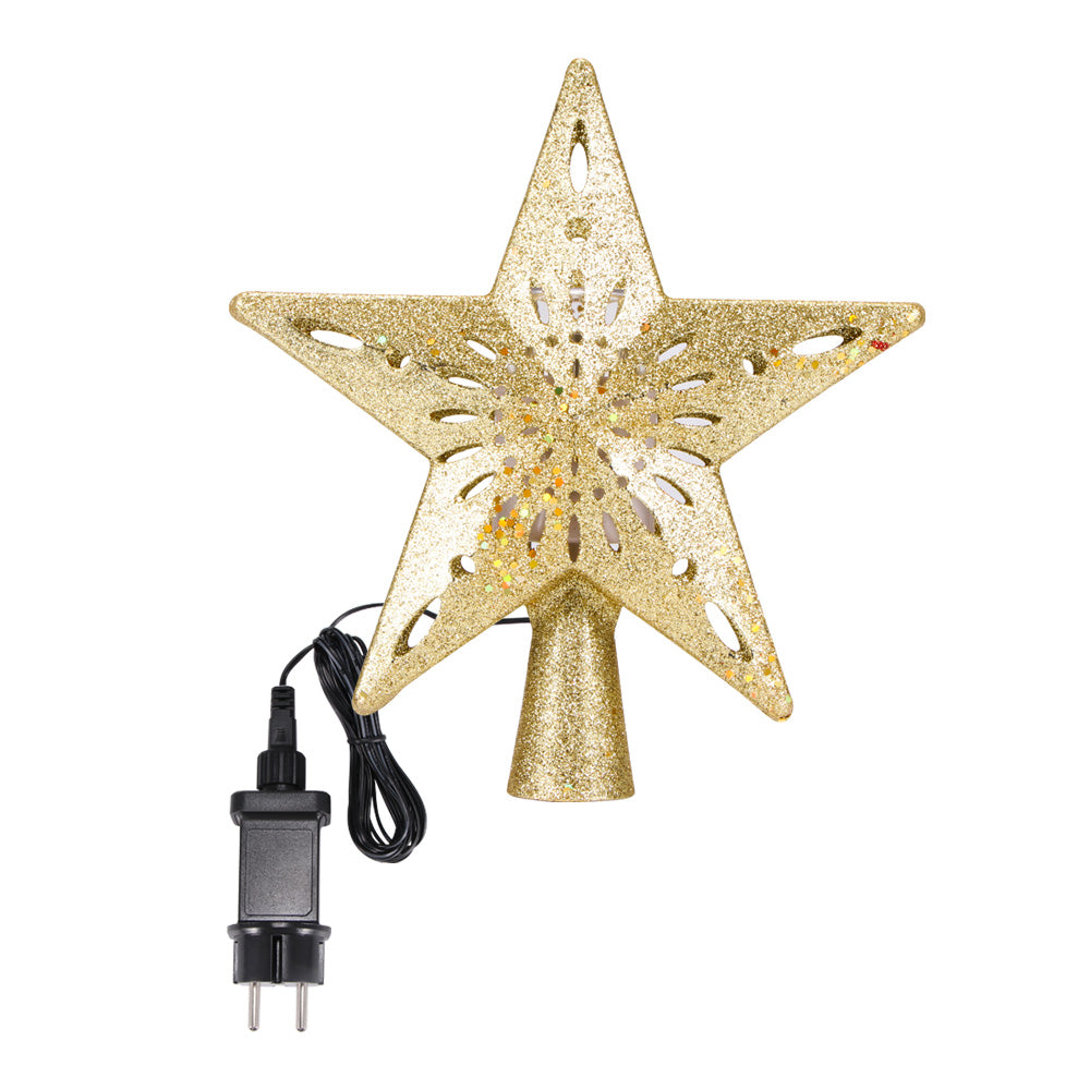 Gold glitter Christmas tree star topper with snowflake cutouts and attached black power plug