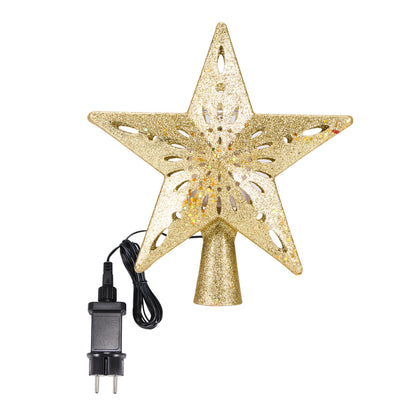 Gold glitter Christmas tree star topper with snowflake cutouts and attached black power plug