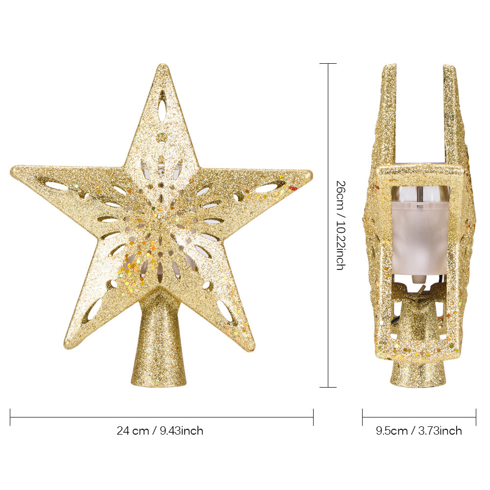 gold glitter Christmas tree star topper with snowflake design and measurements