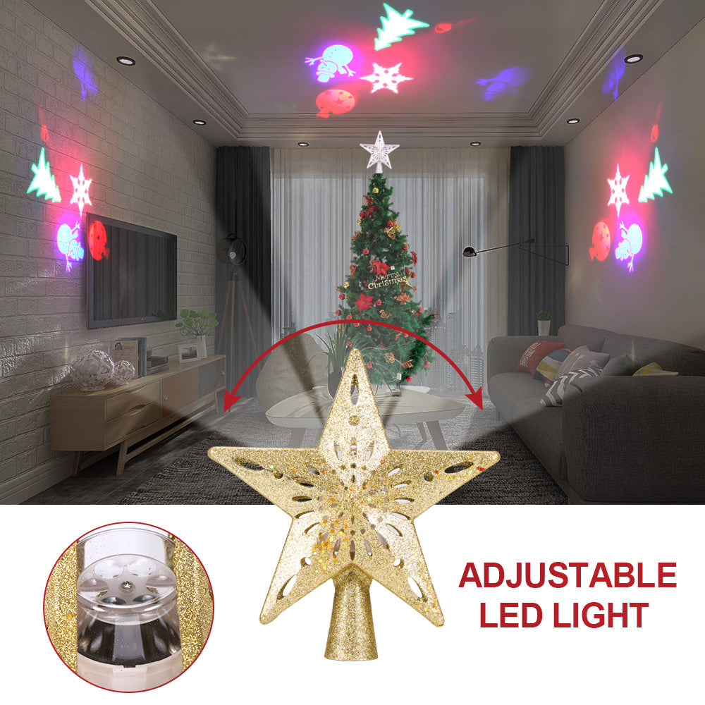 Living room with decorated Christmas tree and wall projections of colorful holiday shapes from adjustable LED star topper light