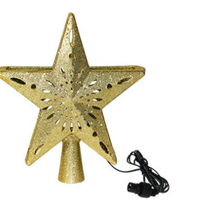 Gold glitter Christmas tree star topper with star and snowflake cutout design and attached power cord