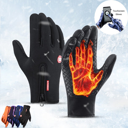 Black waterproof winter gloves with fleece lining, anti-skid grip, and touchscreen compatibility