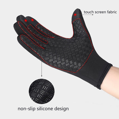 Black waterproof riding glove with touchscreen fabric and non-slip silicone grip on palm and fingers