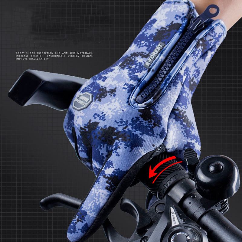 Blue digital camo waterproof cycling glove on bike handlebar with anti-skid grip and zipper