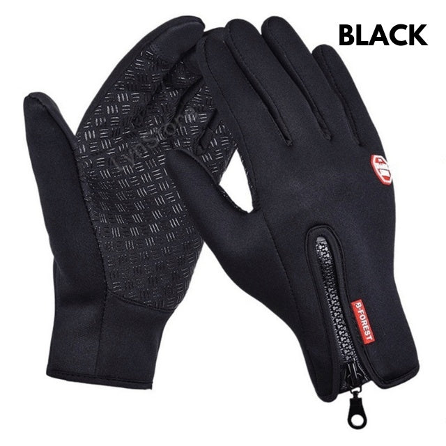 black waterproof winter riding gloves with fleece lining, anti-skid grip, and front zipper