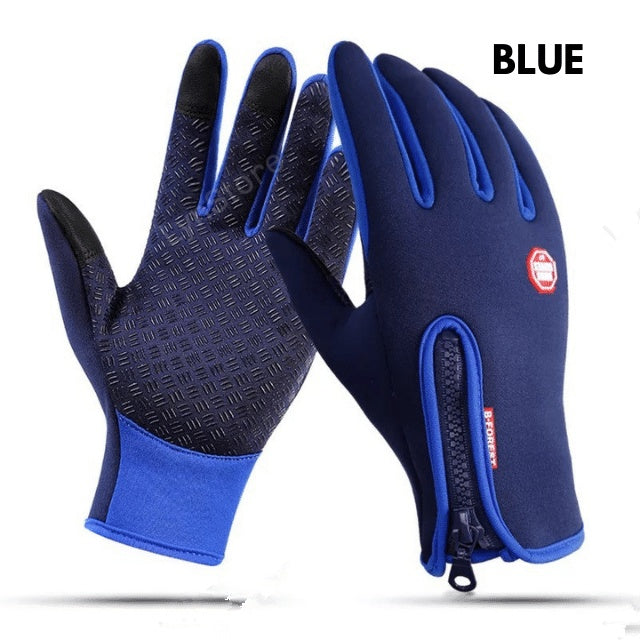 Blue waterproof winter riding gloves with fleece lining, zipper detail, and anti-skid grip