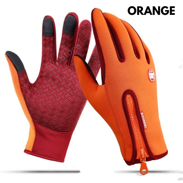 orange waterproof riding gloves with anti-skid grip, touchscreen tips, and fleece lining