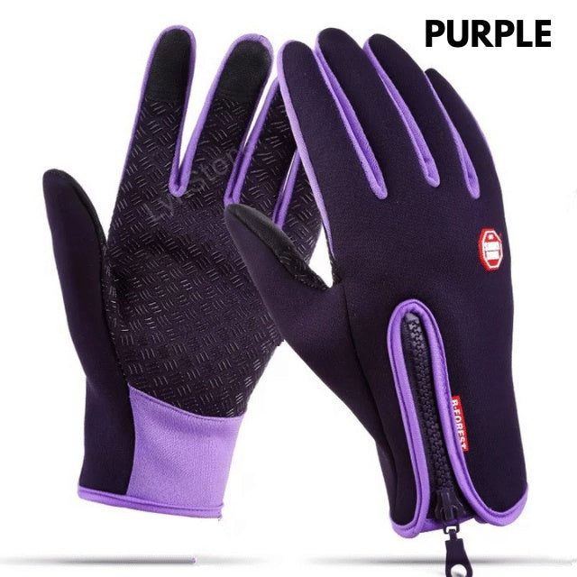 Purple waterproof winter gloves with fleece lining, anti-skid grip, and zipper detail