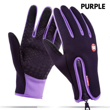 Purple waterproof winter gloves with fleece lining, anti-skid grip, and zipper detail