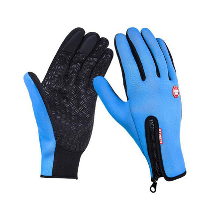 Sky blue waterproof winter riding gloves with fleece lining, anti-skid grip, and zipper on white background