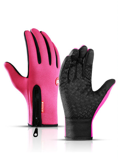 Pink and black waterproof riding gloves with fleece lining and anti-skid grip, unisex design
