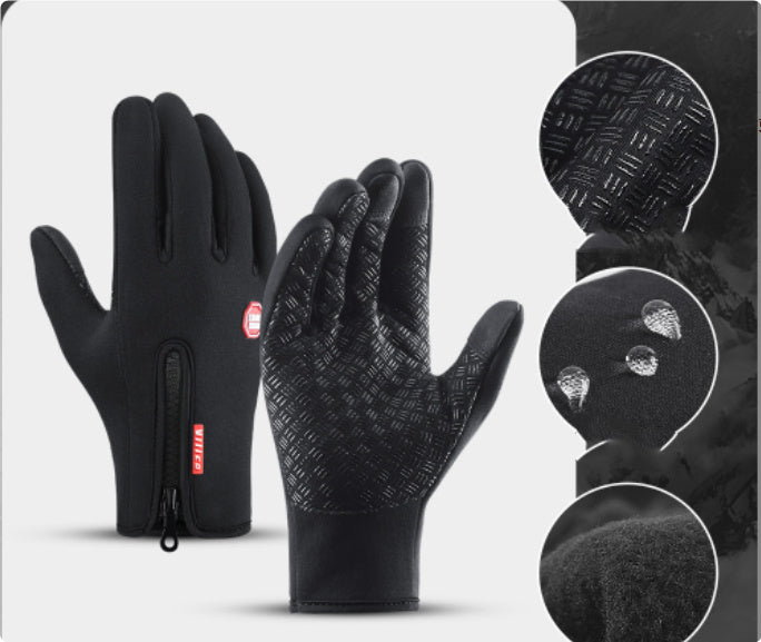 Black waterproof winter riding gloves with touchscreen compatibility and anti-skid grip details