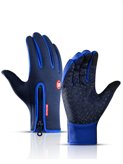 Pair of navy blue waterproof riding gloves with fleece lining and anti-skid grip, touchscreen compatible