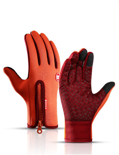 red waterproof touchscreen gloves with fleece lining and anti-skid grip, zipper on one glove