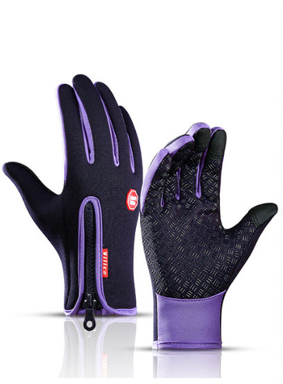 Black and purple waterproof winter riding gloves with fleece lining, touchscreen compatible and zip closure