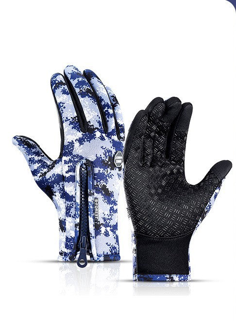 Sky blue waterproof touchscreen winter gloves with camouflage pattern and anti-skid grip