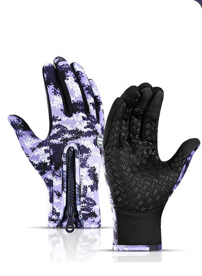 Waterproof winter riding gloves with blue camouflage pattern, zipper closure, and anti-slip grip palm