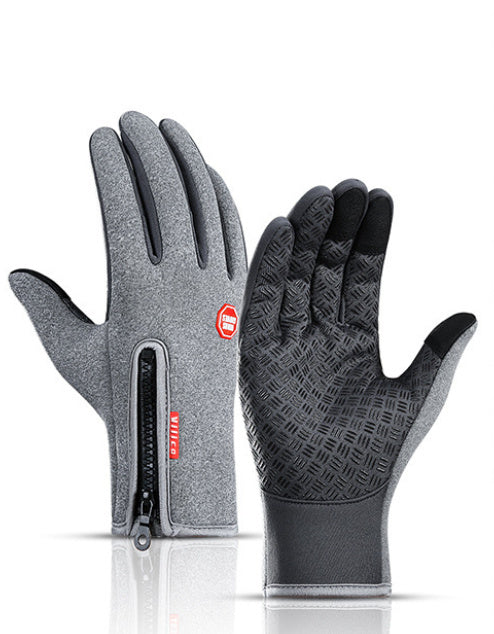 Gray waterproof winter riding gloves with zipper and anti-skid grip, touchscreen compatible