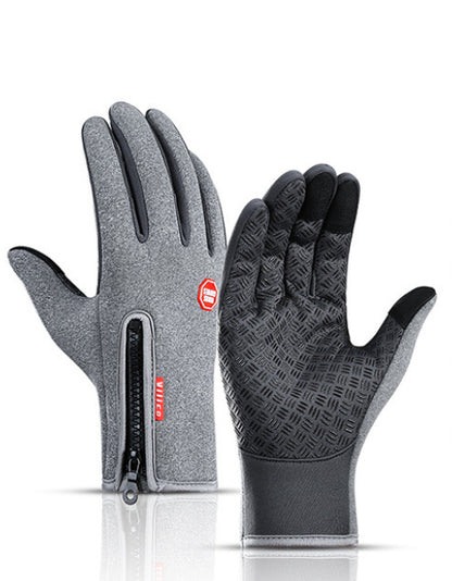 Gray waterproof winter riding gloves with zipper and anti-skid grip, touchscreen compatible