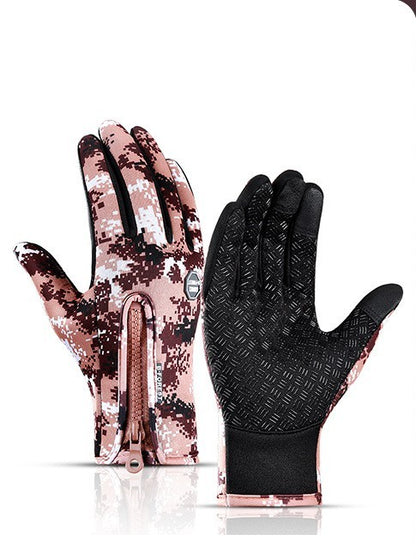 pair of digital camo waterproof gloves with black anti-skid grip and zipper closure