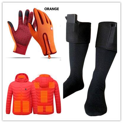 Orange touchscreen winter gloves with fleece lining and heated red puffer jacket with back heating zones