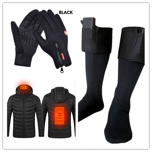 Black waterproof winter gloves with anti-skid grip, heated jacket, and heated socks
