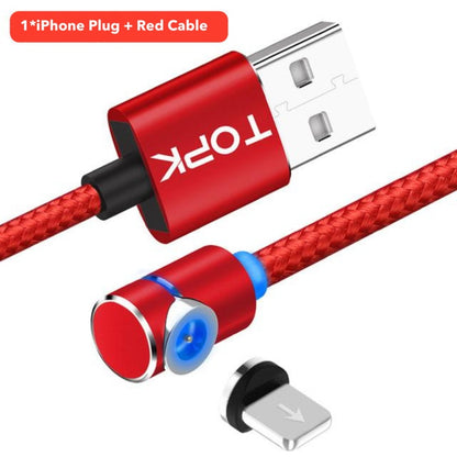 Red braided magnetic USB charging cable with right-angle connector and detachable iPhone plug