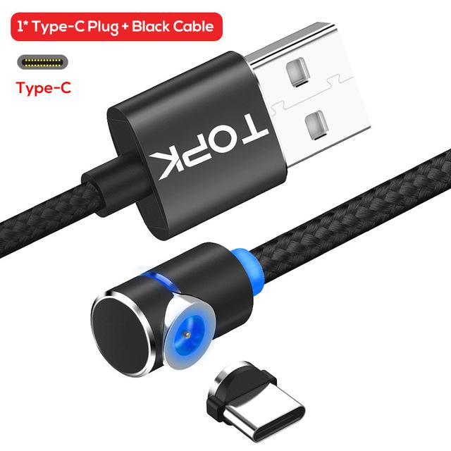 Black braided fast charge USB to magnetic Type-C cable with 360° rotating right-angle connector