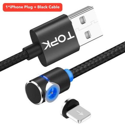 Black braided USB cable with magnetic right-angle charging connector and detachable iPhone plug