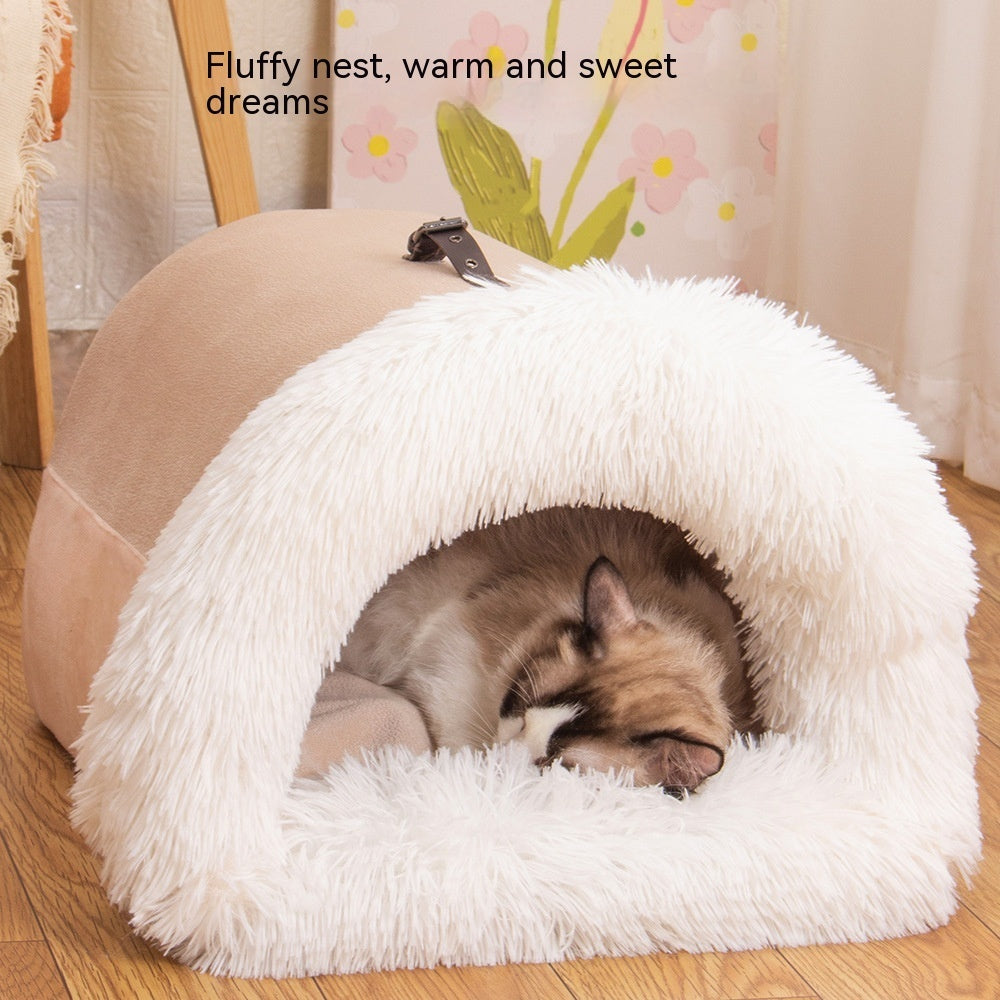 Fluffy beige and white portable pet nest with a sleeping cat inside on wooden floor