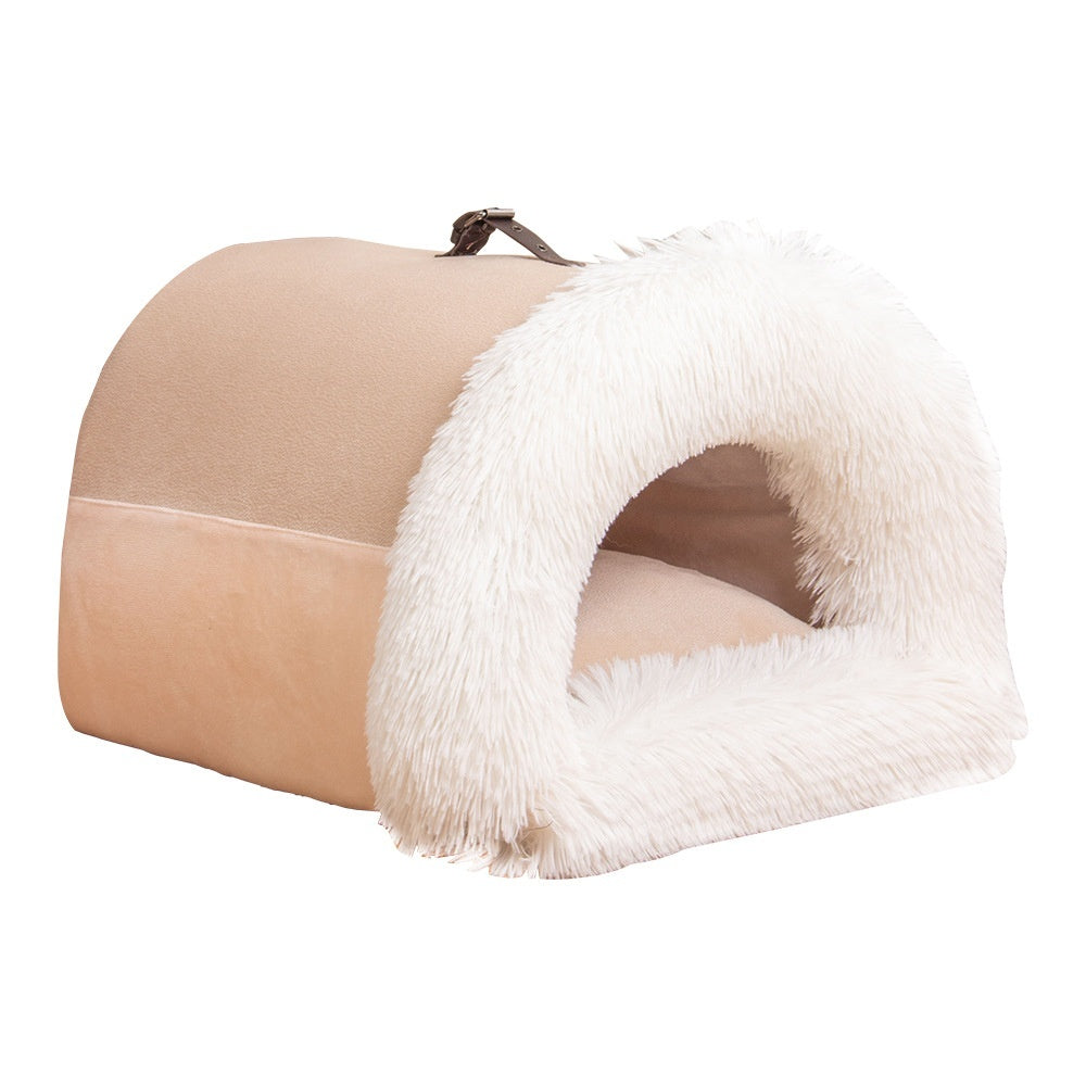 Cozy beige portable pet nest with plush white furry entrance and cushioned interior