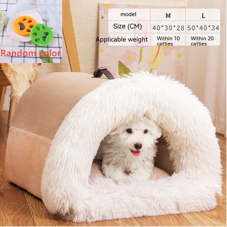 White fluffy portable pet bed with a small white dog inside on hardwood floor, cozy indoor setting